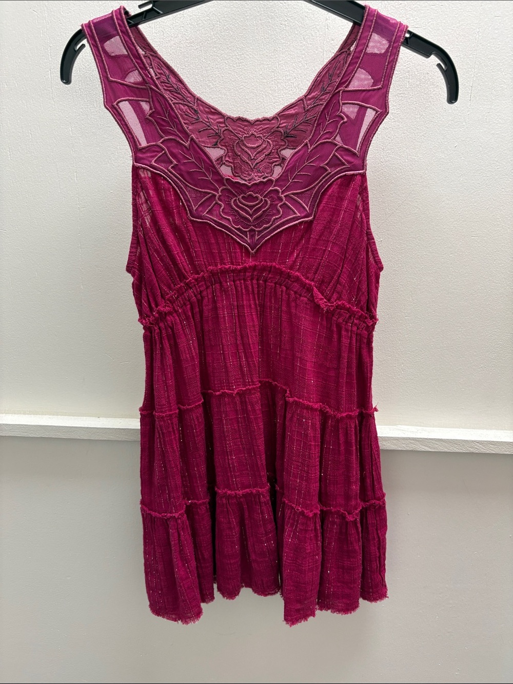 Free People Tiered Embroidered Tank Top - Magenta